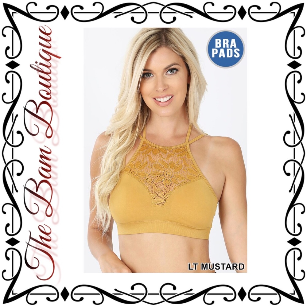 Plus Light Mustard Lace-Accent High-Neck Bralette